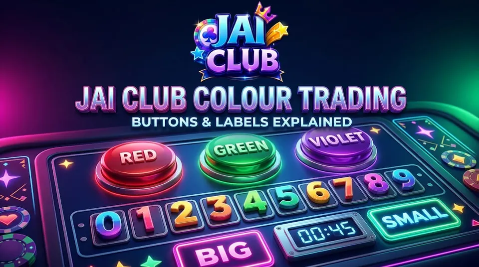 Jai Club colour trading interface illustration showing Red Green Violet buttons, numbers 0 to 9 and Big Small labels
