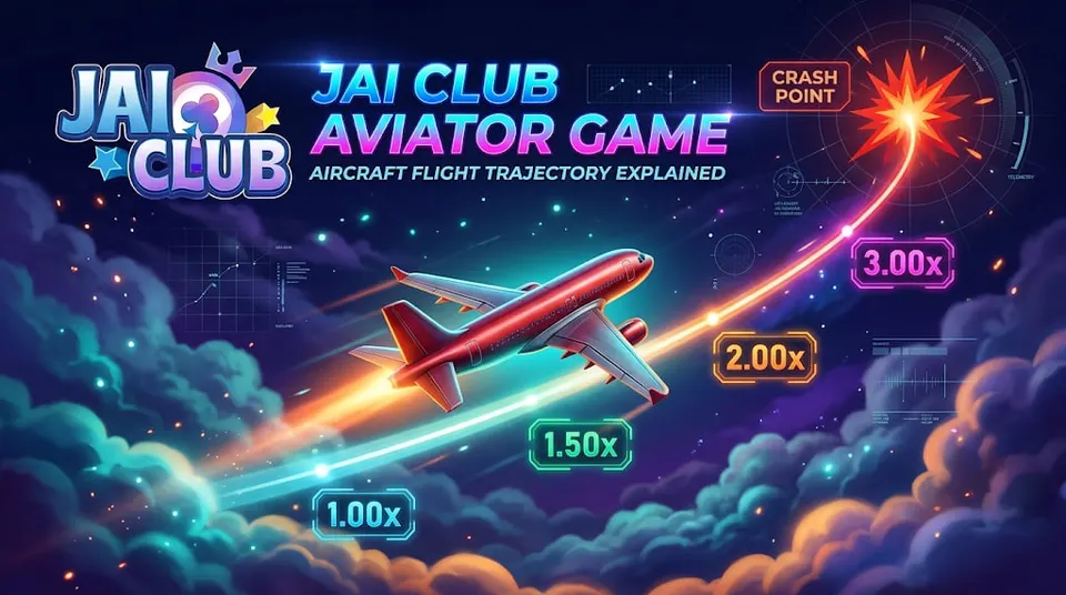 Jai Club Aviator crash game illustration showing a rising multiplier and aircraft flight path