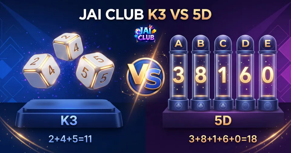 Jai Club K3 versus 5D comparison showing three dice and five-digit game results