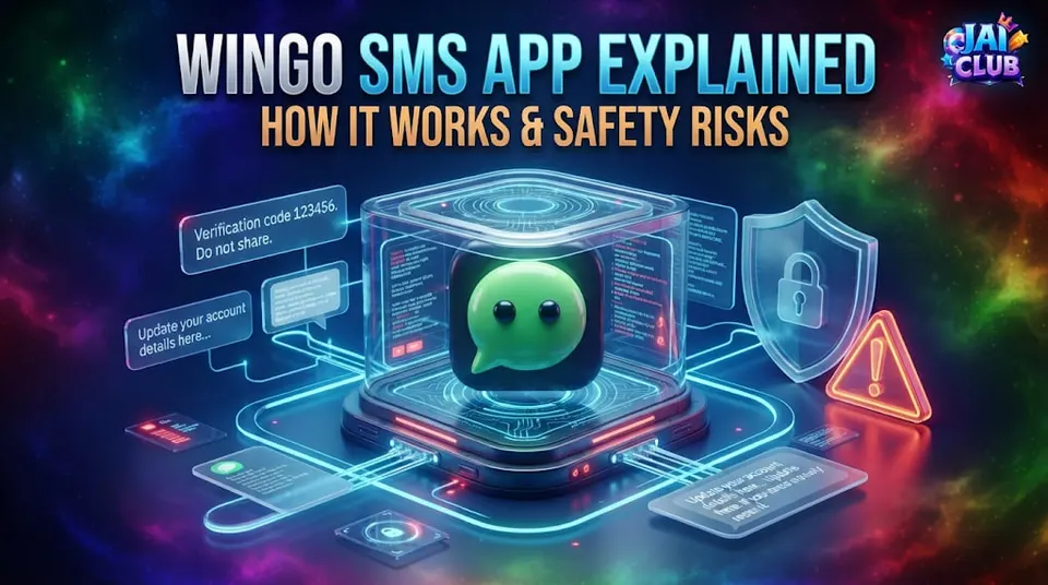 WinGo SMS App explained with Android messaging, SMS tasks and cybersecurity warning illustration