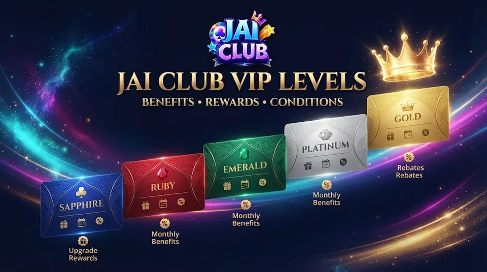 Jai Club VIP levels illustration with premium membership cards, crown and reward benefit symbols